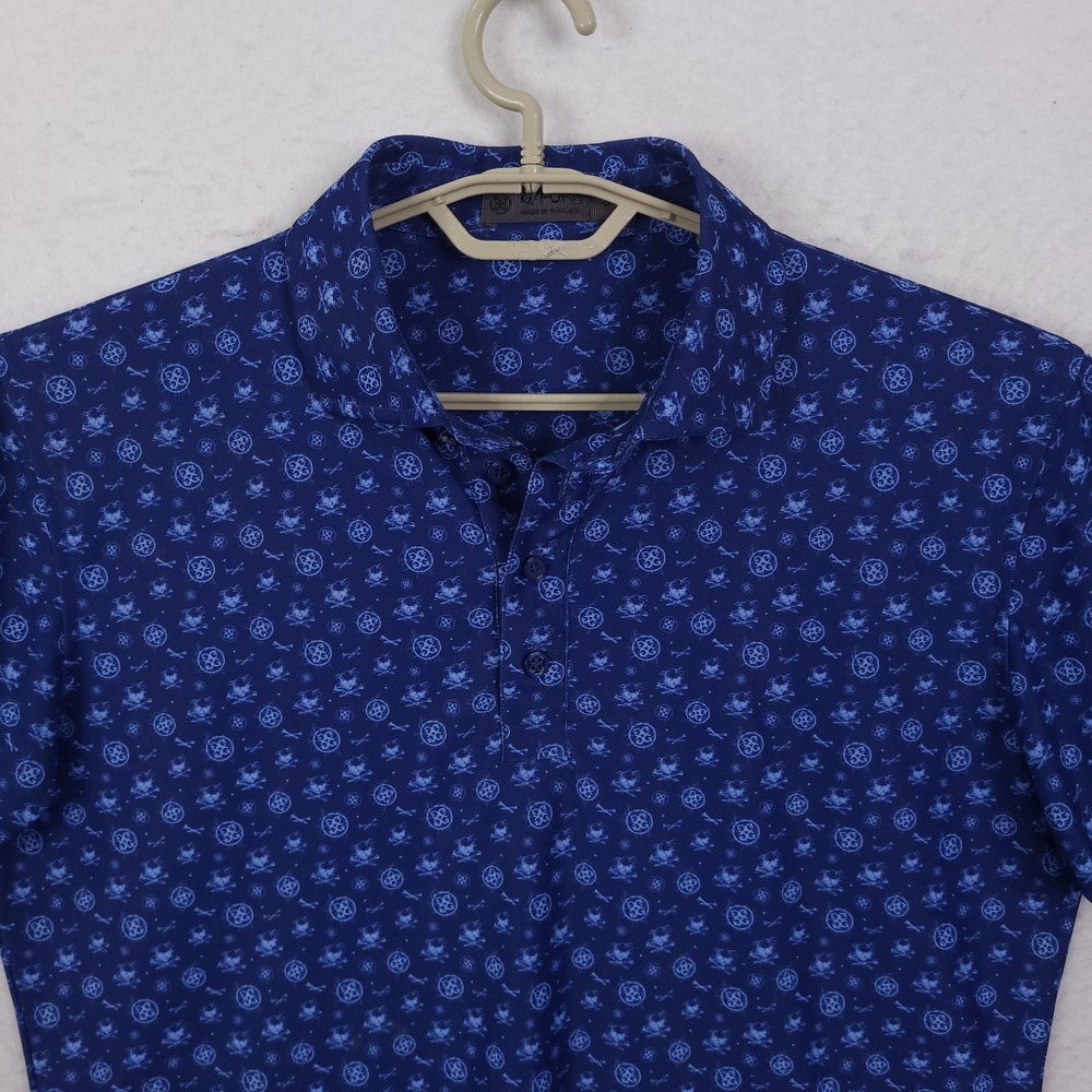 G/FORE Polo Shirt Mens Small Blue Skull Crossbones Geometric Print Golf Sport
